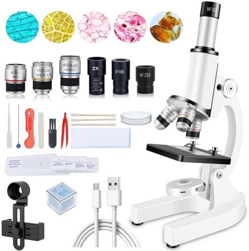 Light white compound microscope with slides set